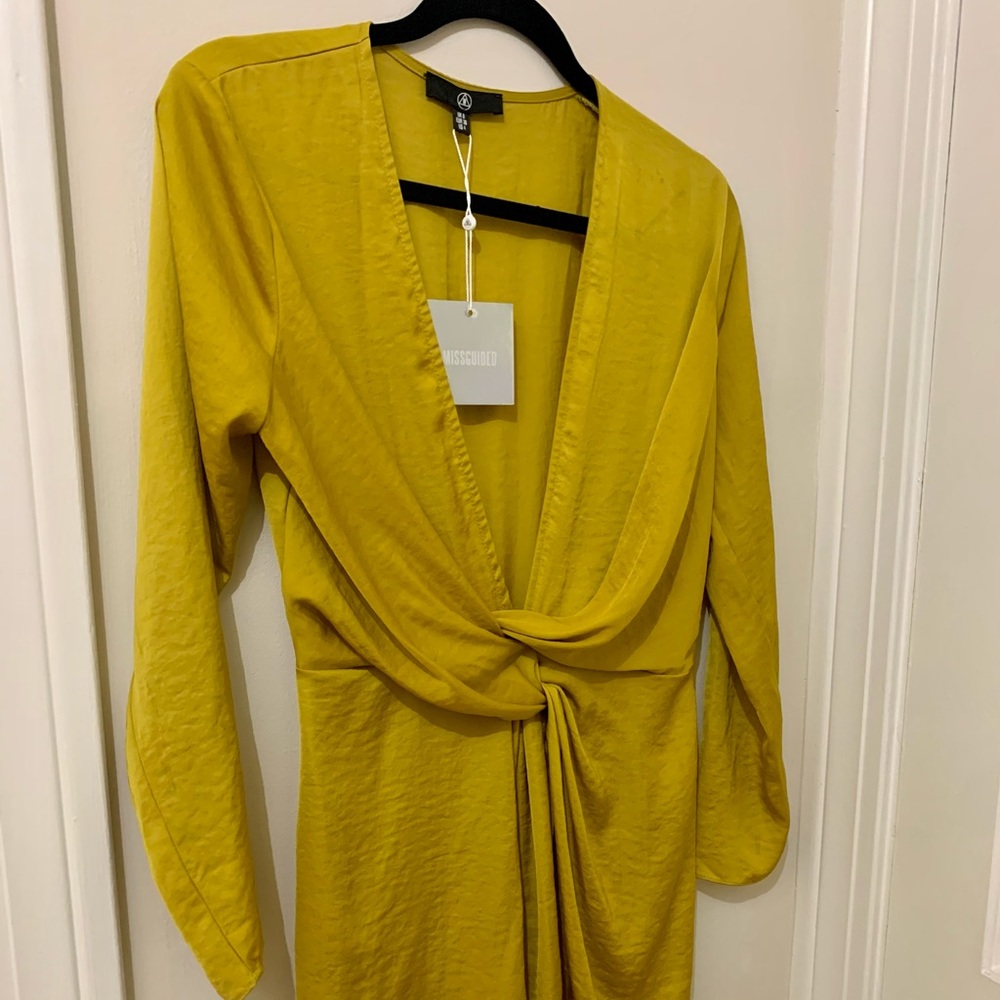 Yellow-green satin mini faux wrap dress with long sleeves size small, Missguided